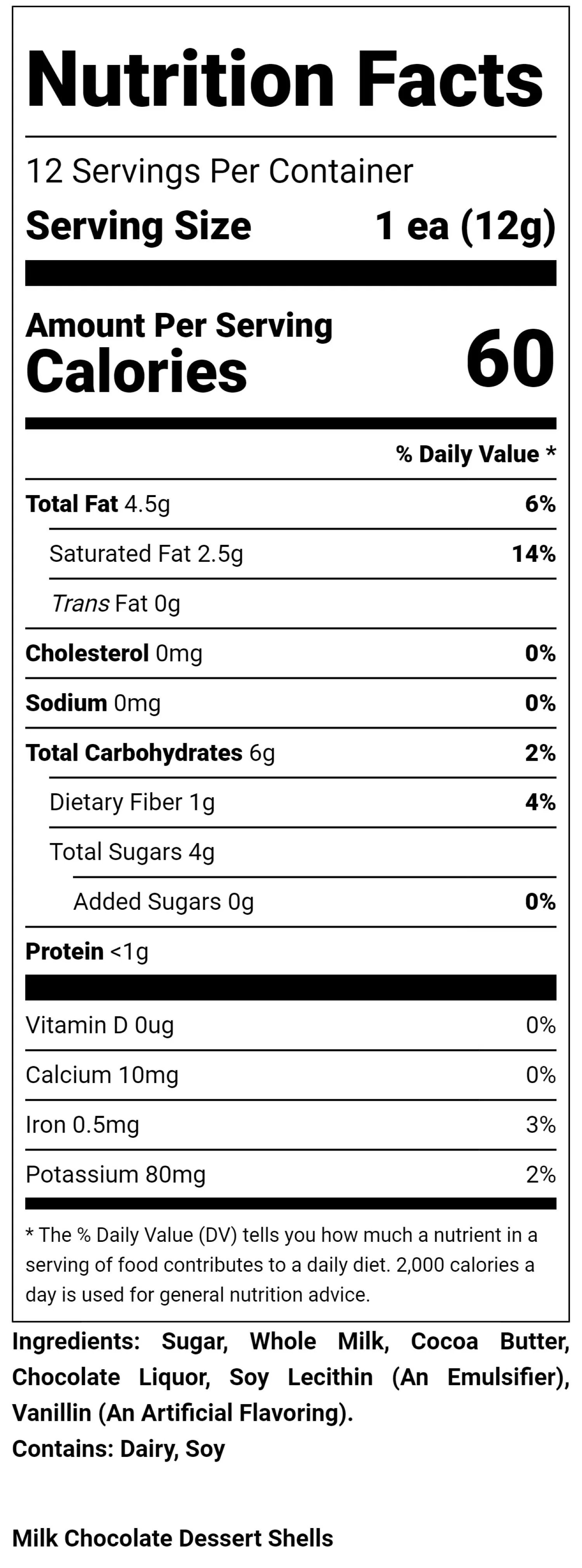 Nutritional Label for Milk Chocolate Dessert Shells