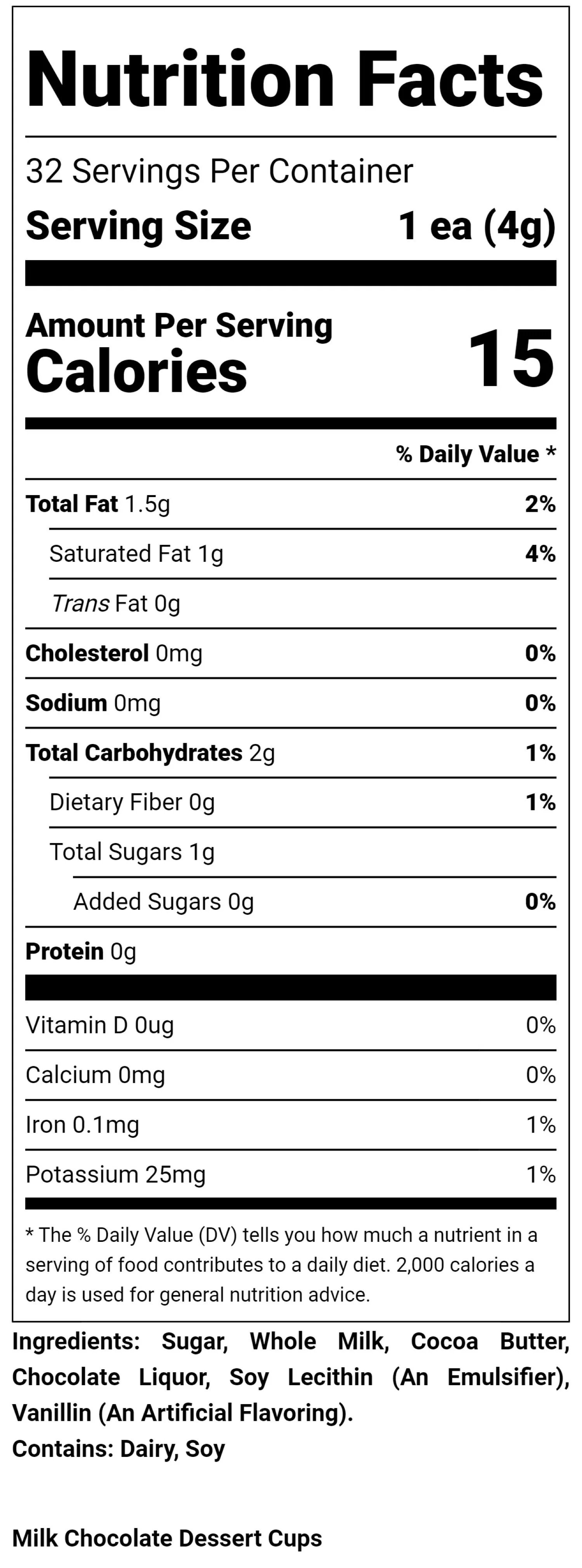Nutritional Label for Keystone Pantry's Milk Chocolate Dessert Cups