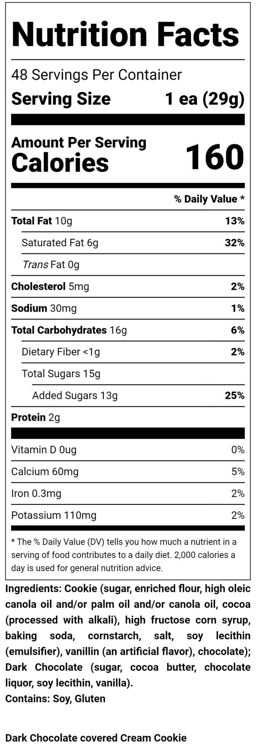 Nutritional Label for Dark Chocolate Covered Oreos