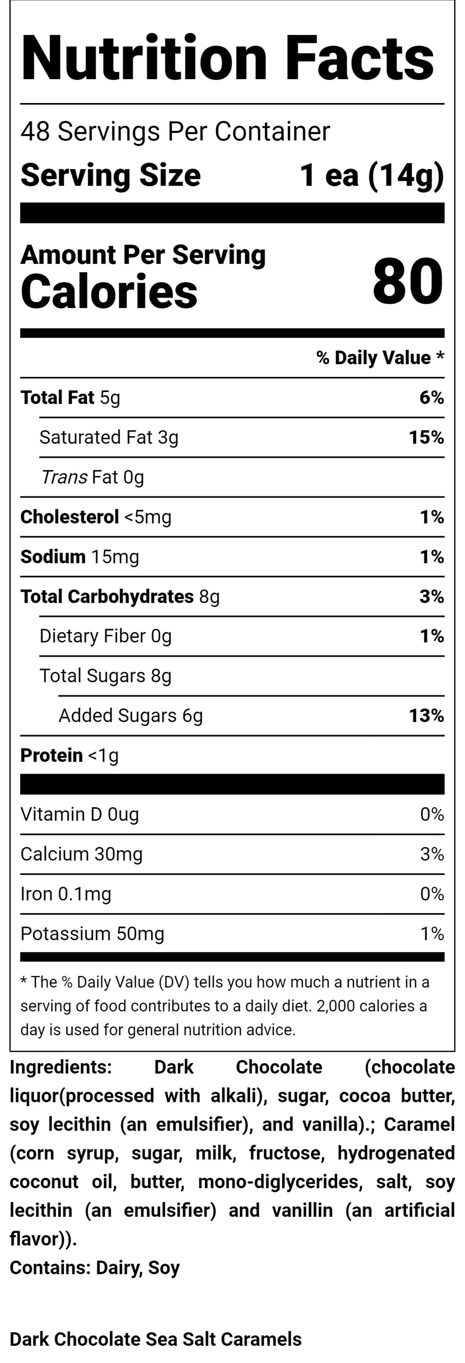 Dark Chocolate Sea Salt Caramels Nutritional Label