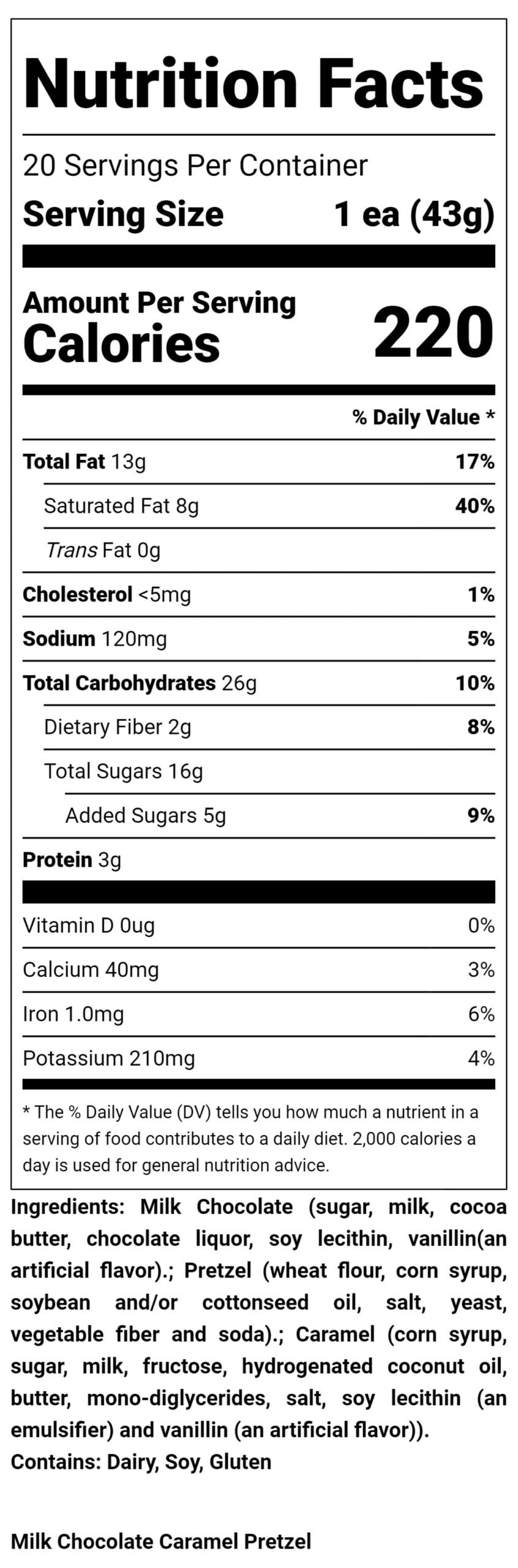 Keystone Pantry's Nutritional Label for  Milk Chocolate Caramel Pretzel