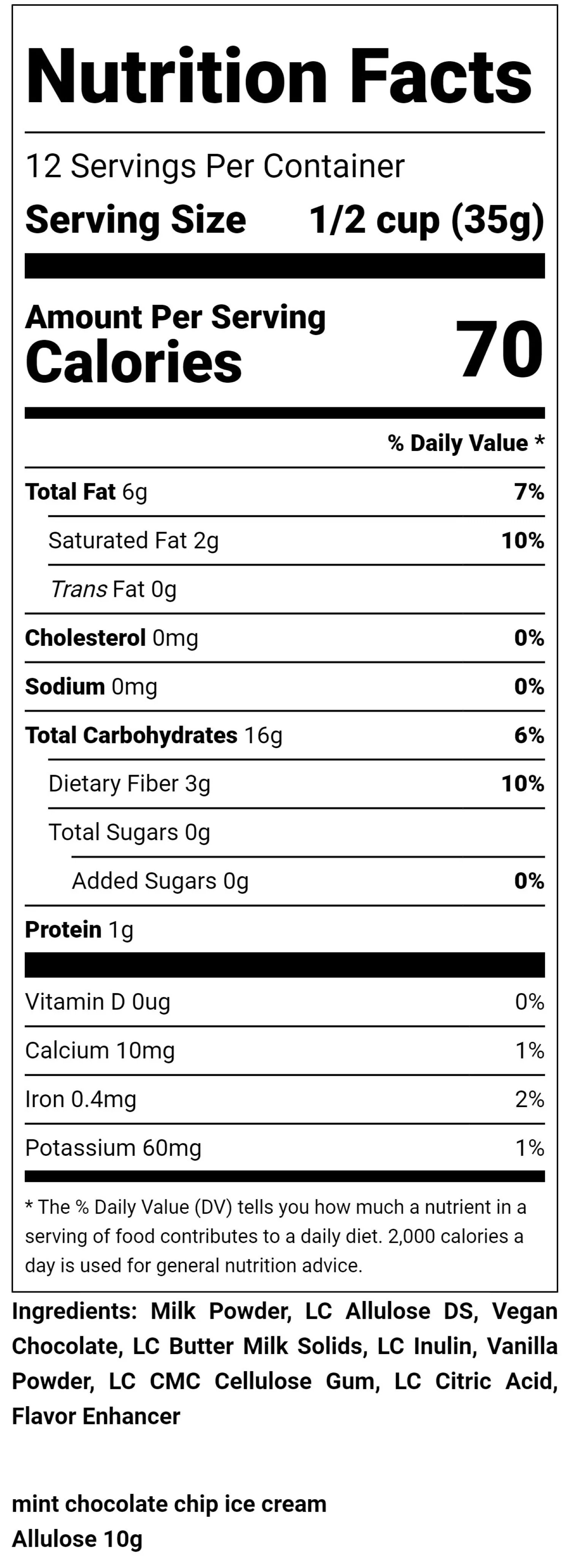 Nutritional Label Ice Cream Mix Mint Chocolate Chip